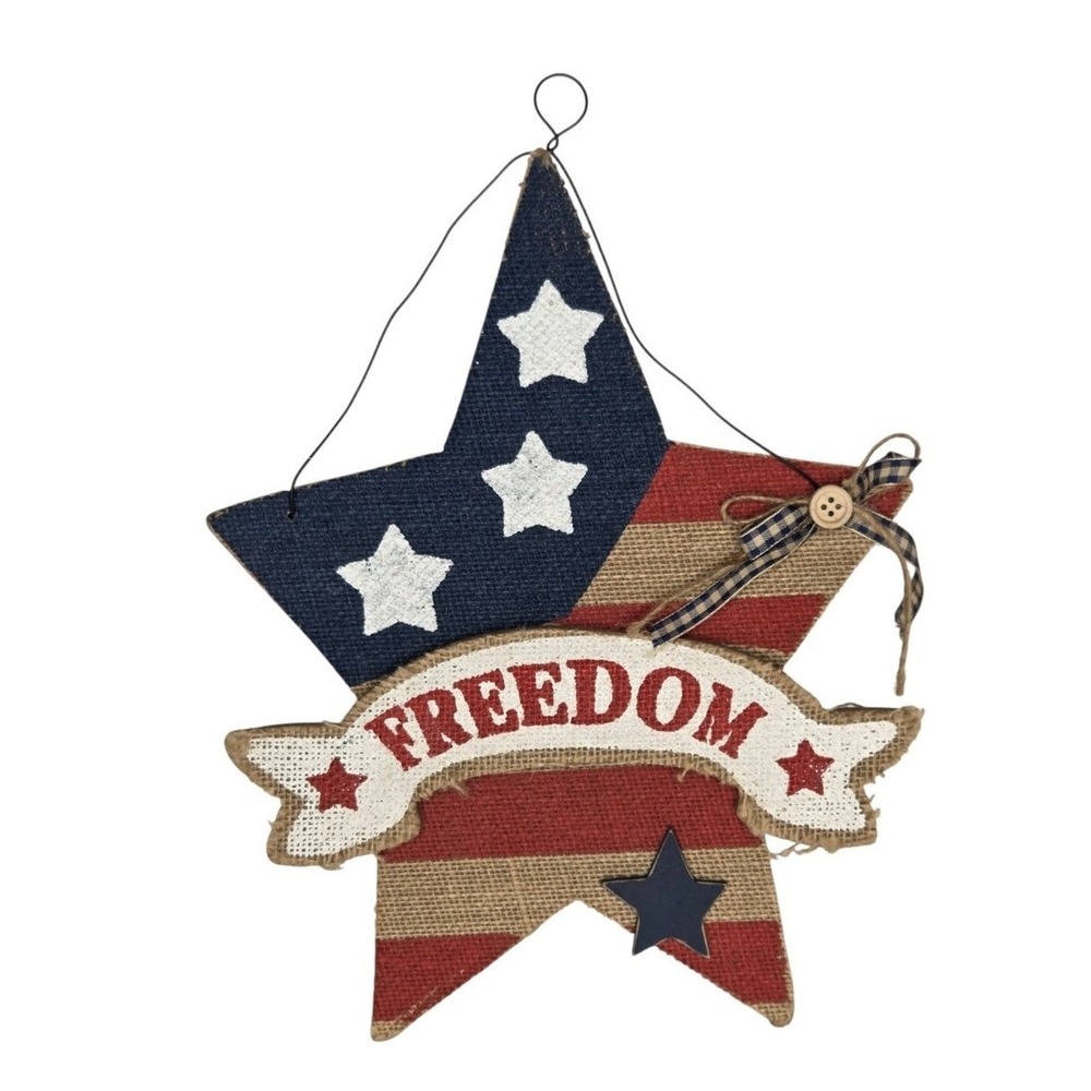 Primitive Rustic Patriotic Burlap Star Shaped Wall Accent Freedom Wall Decor